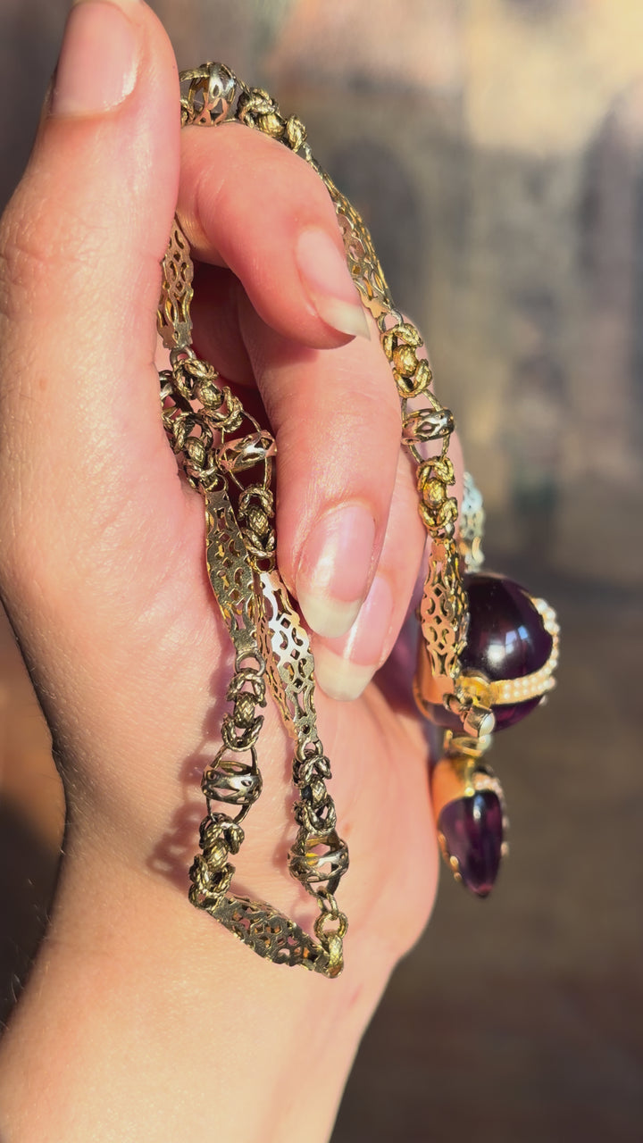 English Aestheticism 15ct Amethyst Orb & Heart Necklace | Est. 34ctw | Pearl Inlay | c.1870