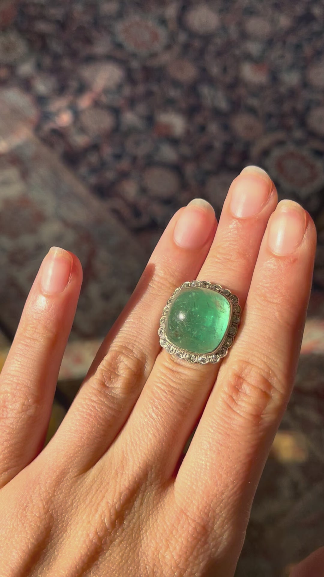 All Original Art Deco Emerald Cabochon & Diamond Ring | 23.06ct GIA Certified | Platinum | French c.1915