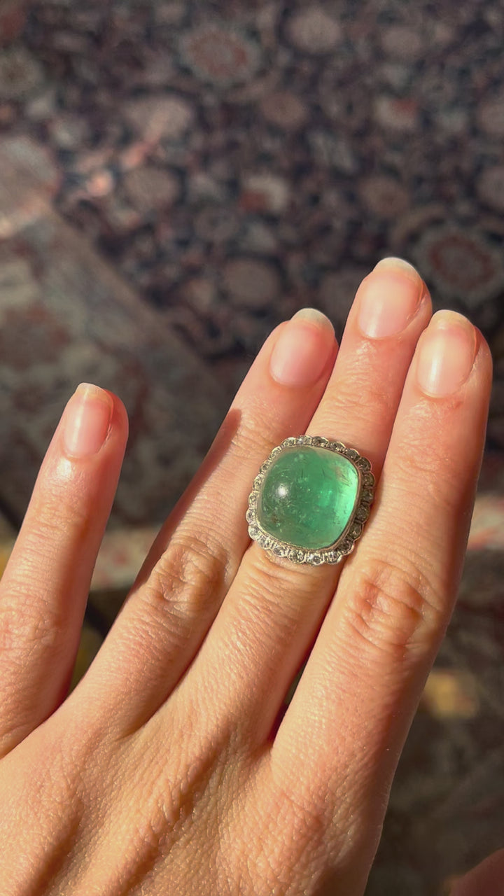 All Original Art Deco Emerald Cabochon & Diamond Ring | 23.06ct GIA Certified | Platinum | French c.1915