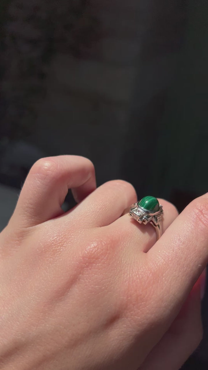 Wonderful Malachite and Diamond Art Deco Ring