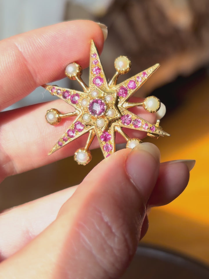 English Victorian Spinel Star Brooch with Pearls | 25 Pink/Purple Spinels | 9ct Gold | c.1870s