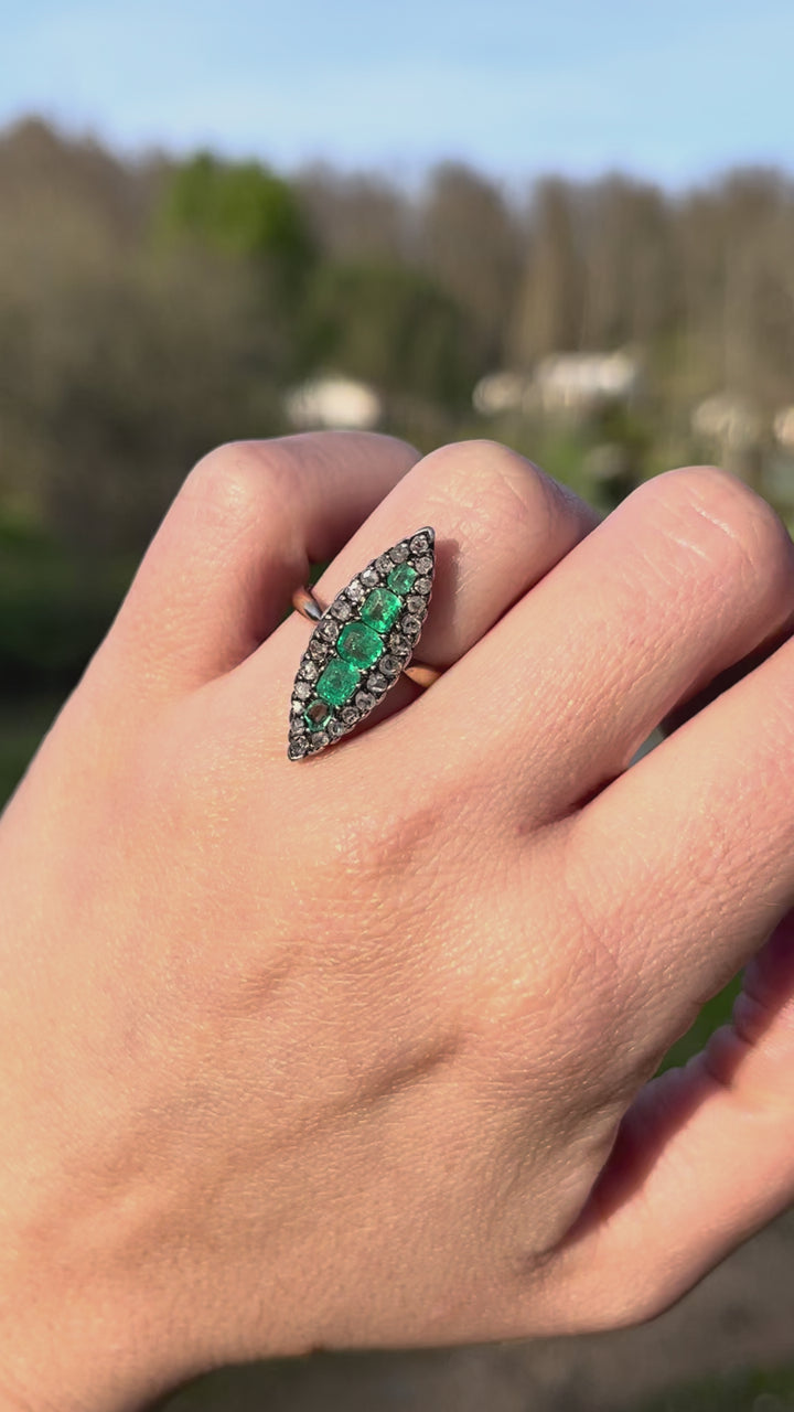 Emerald & Rose Cut Diamond Navette Ring