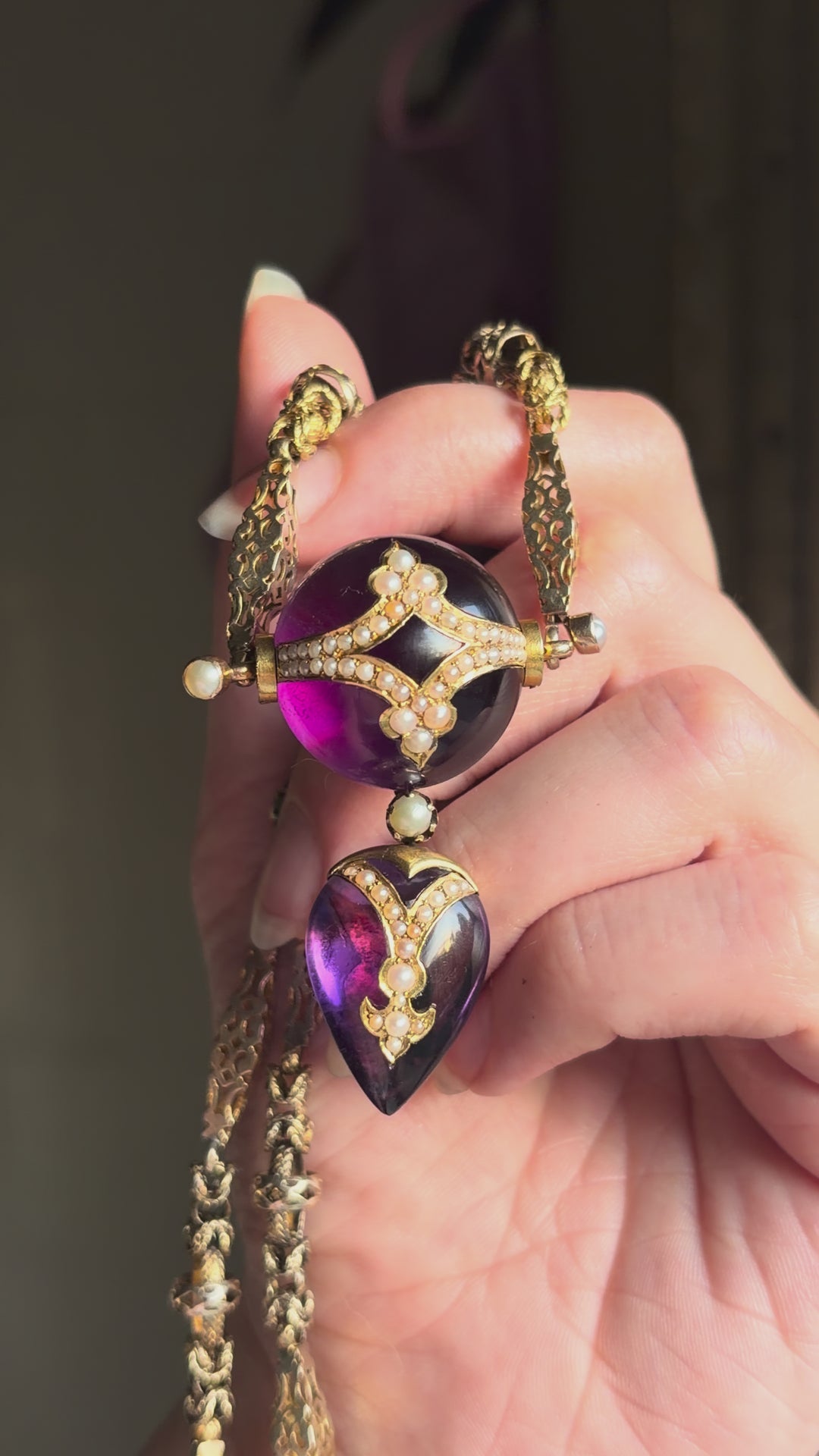 English Aestheticism 15ct Amethyst Orb & Heart Necklace | Est. 34ctw | Pearl Inlay | c.1870