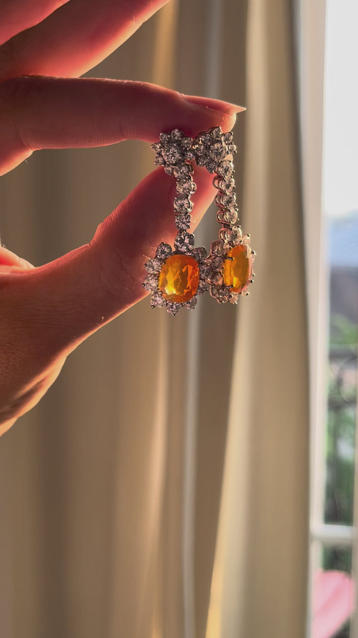 Fire Opal & Diamond Drop Earrings | 5.10ct Opals 4.30ct Diamonds | 18ct Gold | ALPA Backs | c.1980s