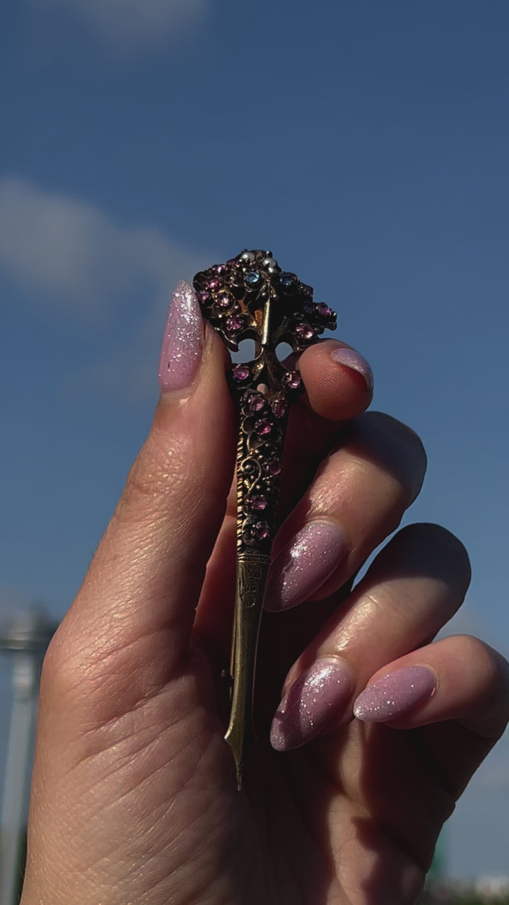 Austro-Hungarian Hair Ornament with Sapphires, Rubies + Pearls