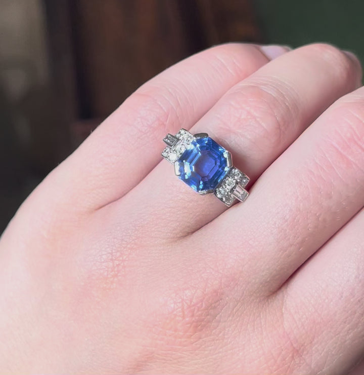 French Art Deco Unheated Ceylon Sapphire Ring | 5.45ct Octagonal Cut | Platinum | c.1925
