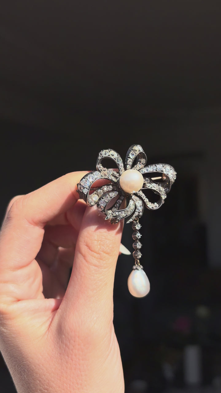 Splendid Napoleon III Period Natural Pearl Drop Brooch 6.11ctw Diamonds GIA Certified