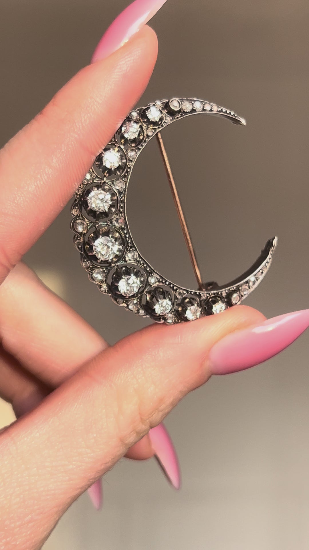 Antique French 18ct Gold & Diamond Crescent Brooch C. 1860