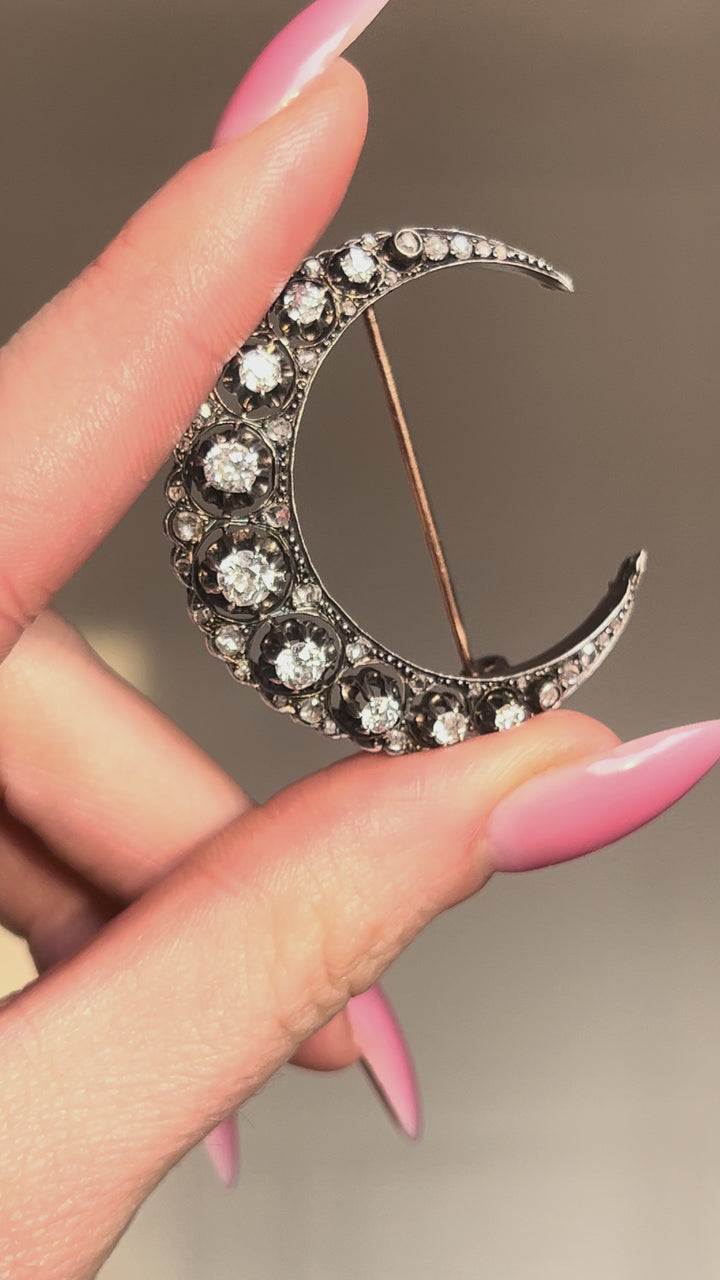 Antique French 18ct Gold & Diamond Crescent Brooch C. 1860