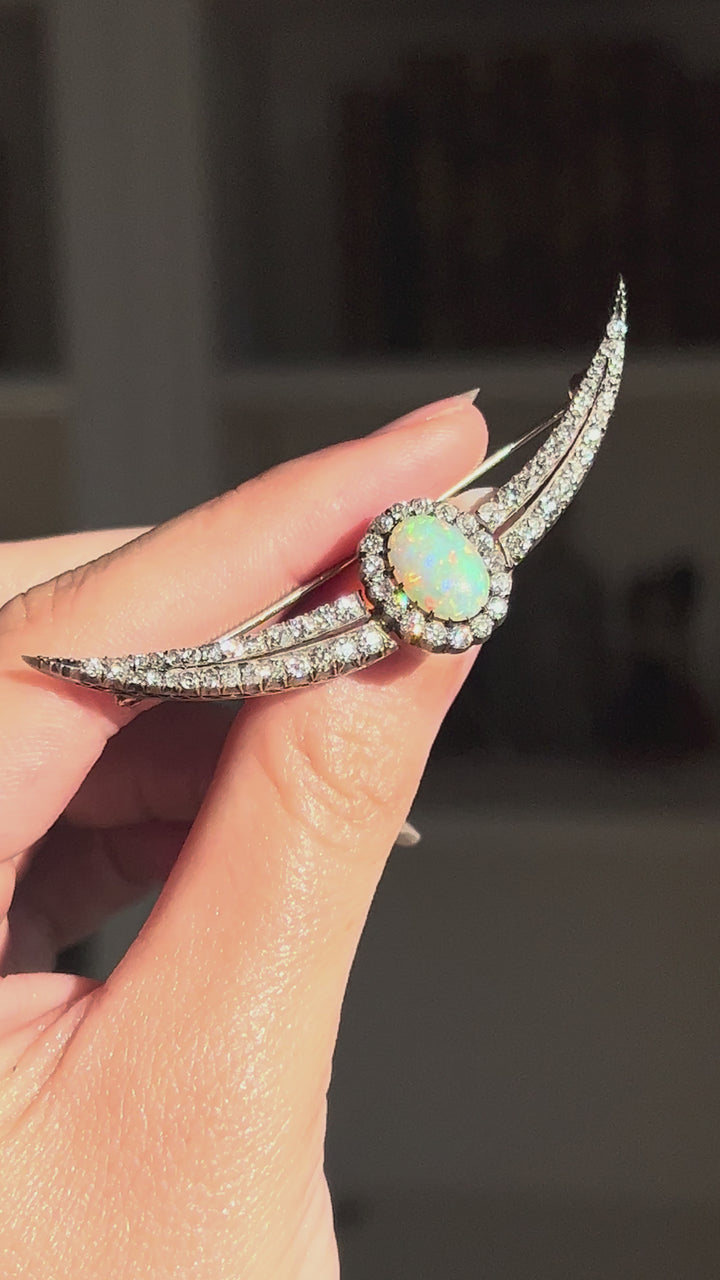 English Diamond & Opal Crescent Brooch | 2.11ctw Old Mine Diamonds 1.90ct Opal | 15ct Gold & Sterling | c.1880s