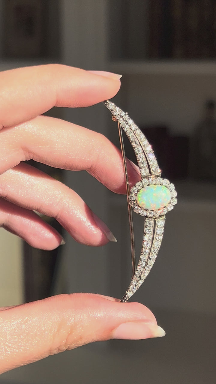 English Diamond & Opal Crescent Brooch | 2.11ctw Old Mine Diamonds 1.90ct Opal | 15ct Gold & Sterling | c.1880s