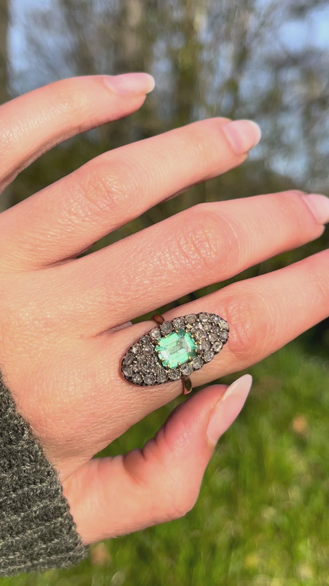 Napoleon III Emerald 1.95ct & Rose Cut Diamond Navette Ring