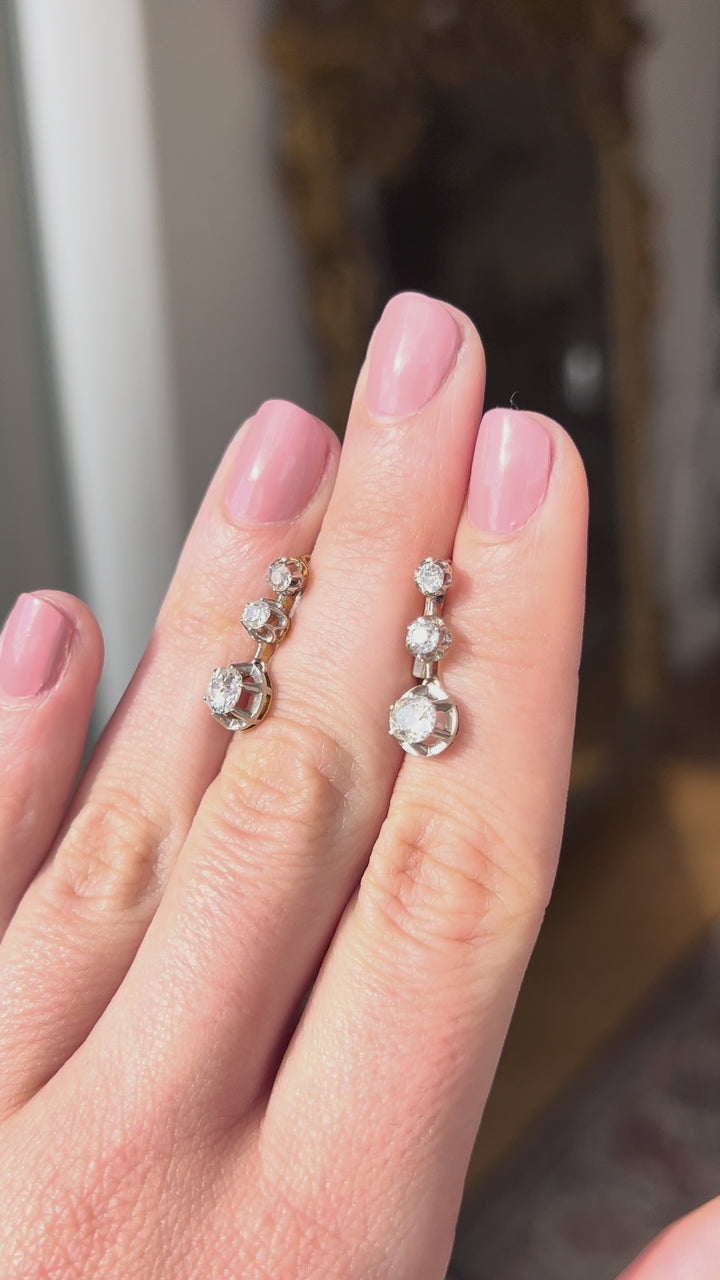 Belle Époque Platinum & 18ct Gold Triple Drop Earrings | 1ctw Old Mine Cut | French c.1890-1910