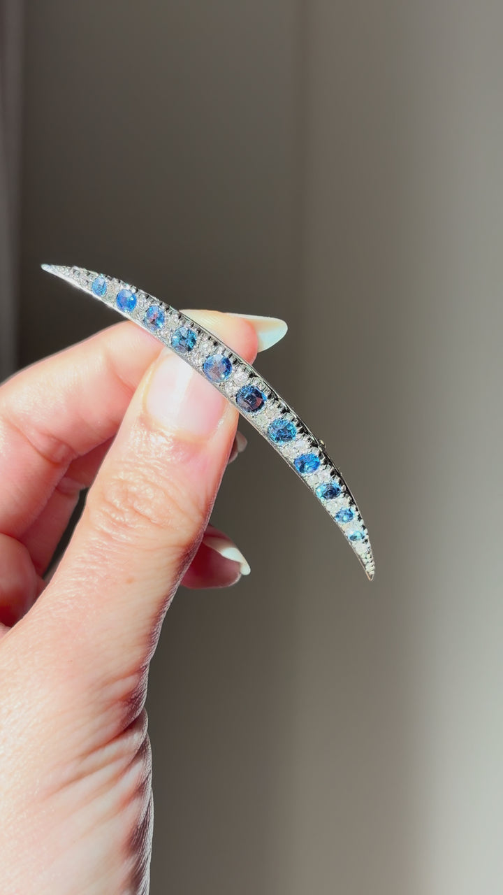 Victorian Sapphire and Old Mine-Cut Diamond Crescent Brooch, English 1870s