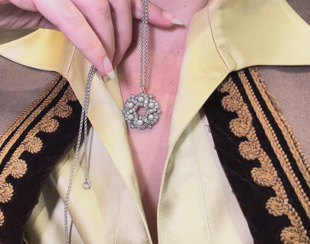 Superb Victorian Pearl and Diamond Pendant in 18-Carat Gold and Sterling Silver with Silver Chain