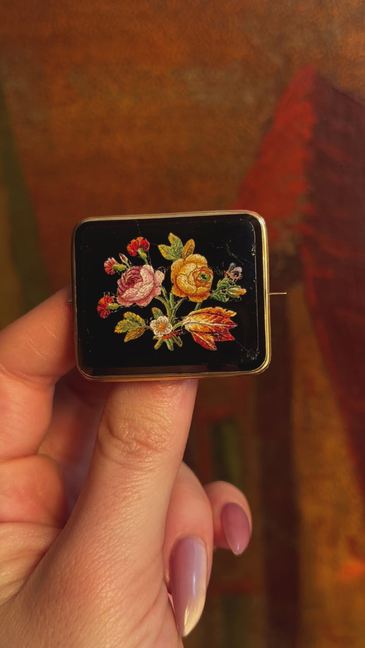 Outrageous Micromosaic and Onyx Brooch Circa 1880