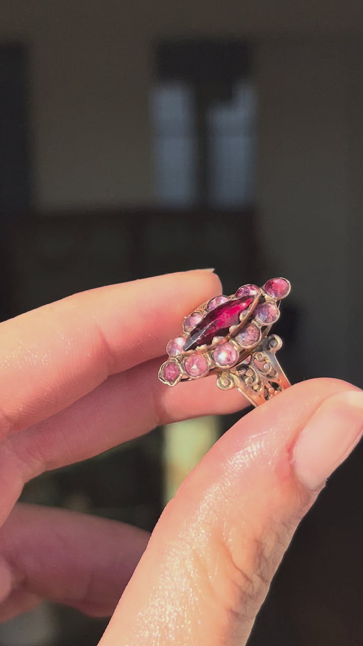 Perpignan Garnet Navette Ring | Deep Red & Soft Pink Garnets | 18ct Gold | French Napoleon III c.1860