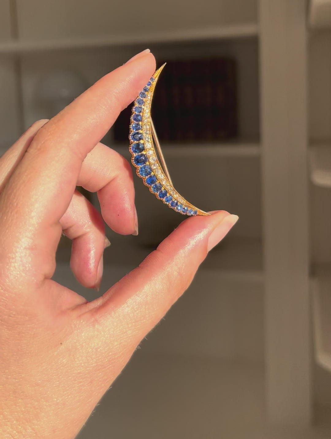 English Ceylon Sapphire & Diamond Crescent Brooch | 3.07ctw Sapphires | 18ct Gold | c.1890