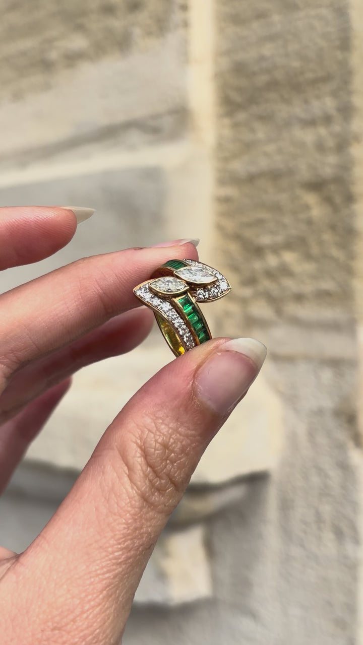 Marquise Diamond & Emerald Toi et Moi Ring in 18ct Yellow Gold, Circa 1980 3.48ctw