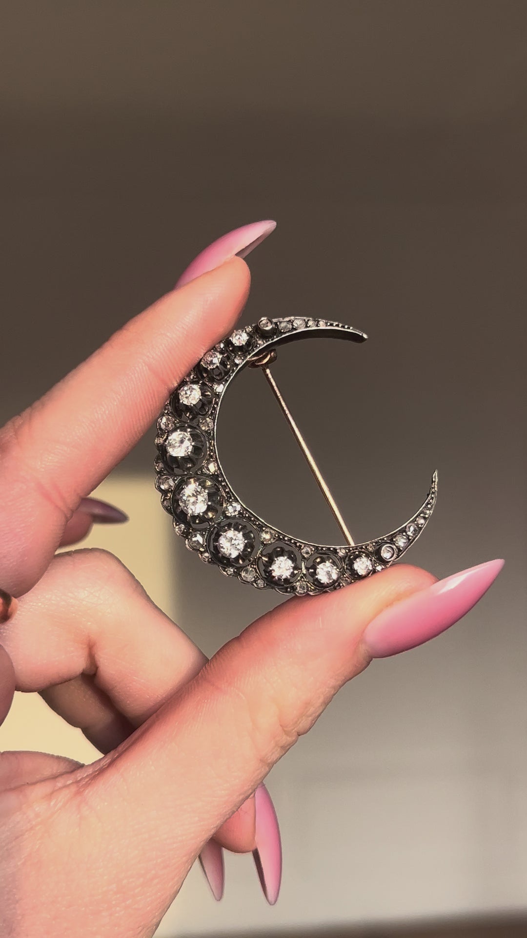 Antique French 18ct Gold & Diamond Crescent Brooch C. 1860