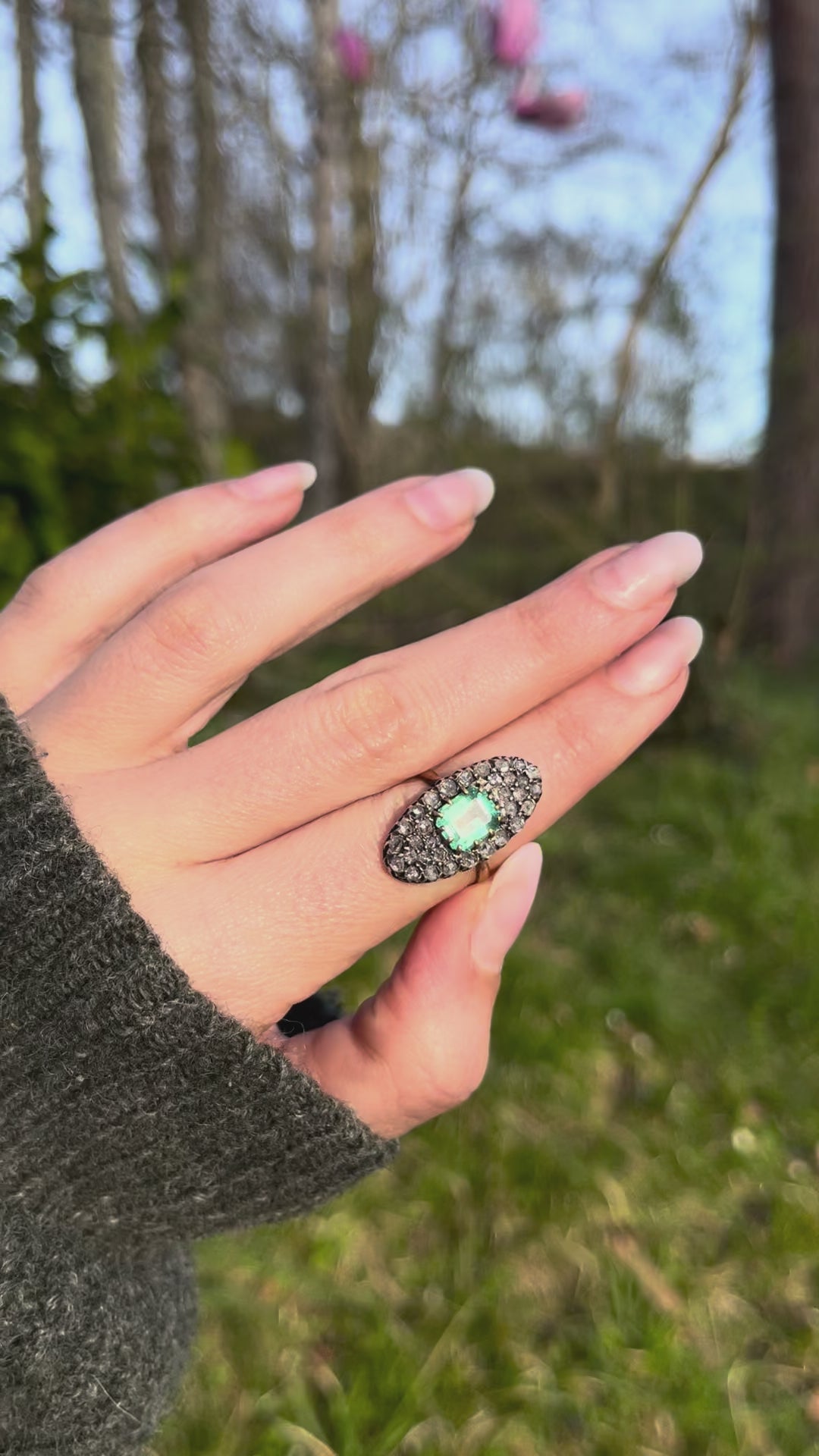 Napoleon III Emerald 1.95ct & Rose Cut Diamond Navette Ring