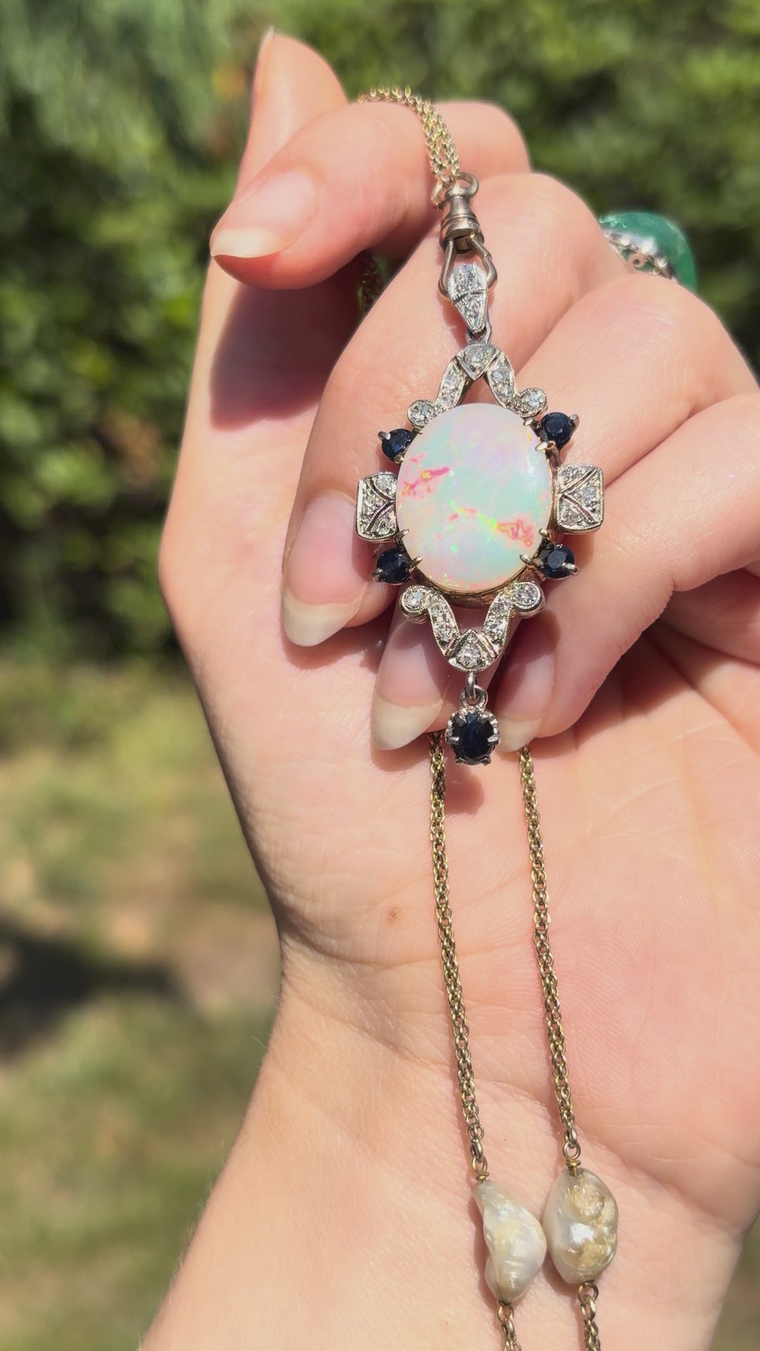 English Opal Sapphire & Diamond Pendant| Post-Deco | 14ct White & Yellow Gold | c.1930s