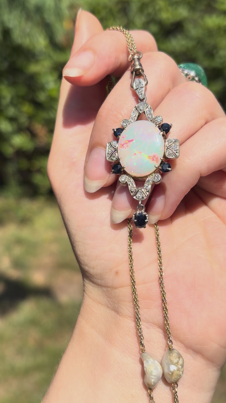 English Opal Sapphire & Diamond Pendant| Post-Deco | 14ct White & Yellow Gold | c.1930s