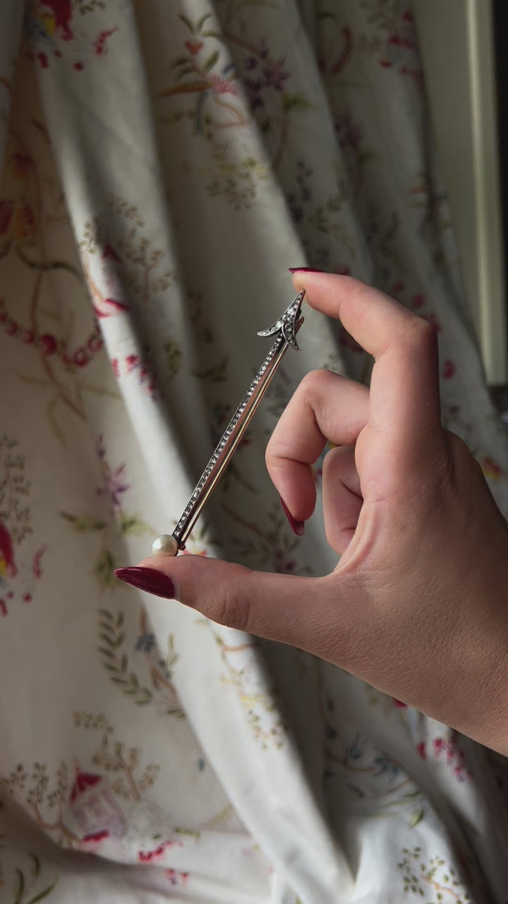 Delicious Napoleon III Arrow Brooch with Plump Pearl