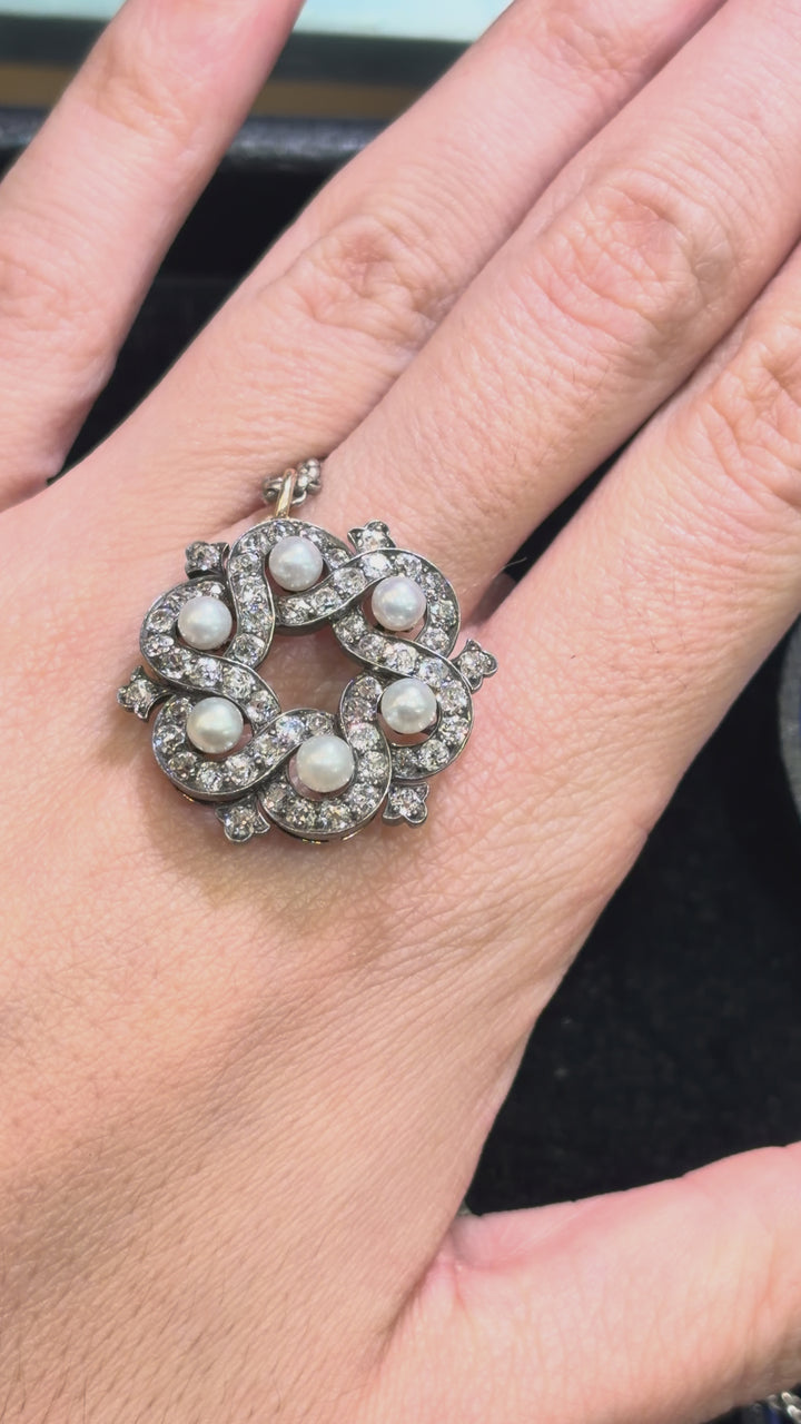 Superb Victorian Pearl and Diamond Pendant in 18-Carat Gold and Sterling Silver with Silver Chain