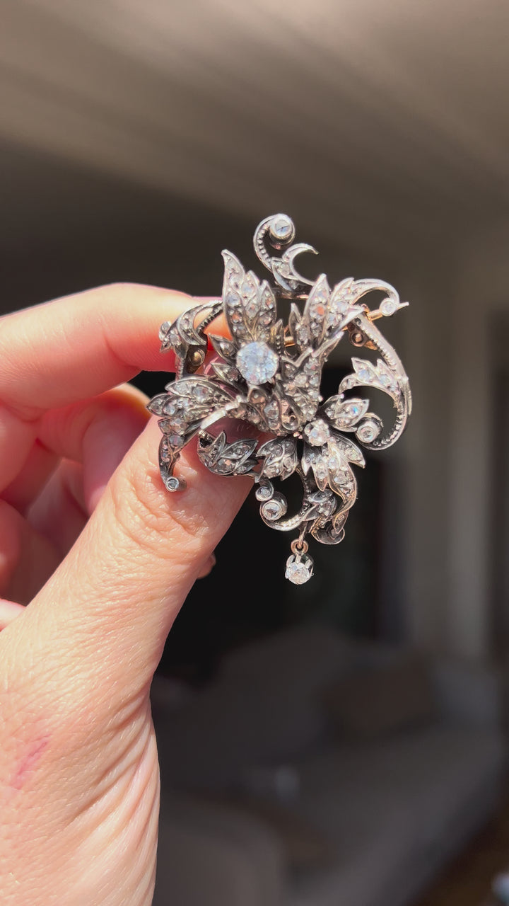 French Art Nouveau Diamond Brooch | 3.4ctw | .93ct Old Mine Centre | Sterling & Pink Gold | c.1890