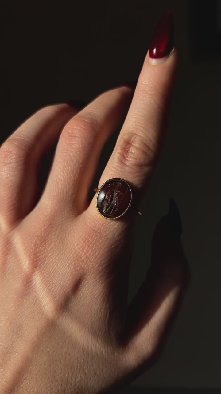 Superb 2nd Century CE Dark Carnelian Intaglio of Soldier Preparing for Battle in 18ct Ring