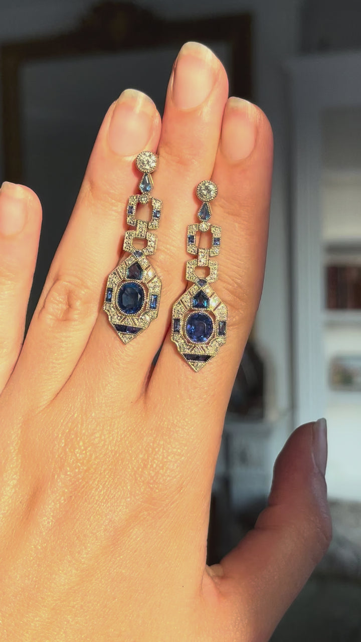 Vintage Sapphire & Diamond Earrings | Art Deco Style | 3.98ctw Diamonds | 18ct White Gold | c.1980s