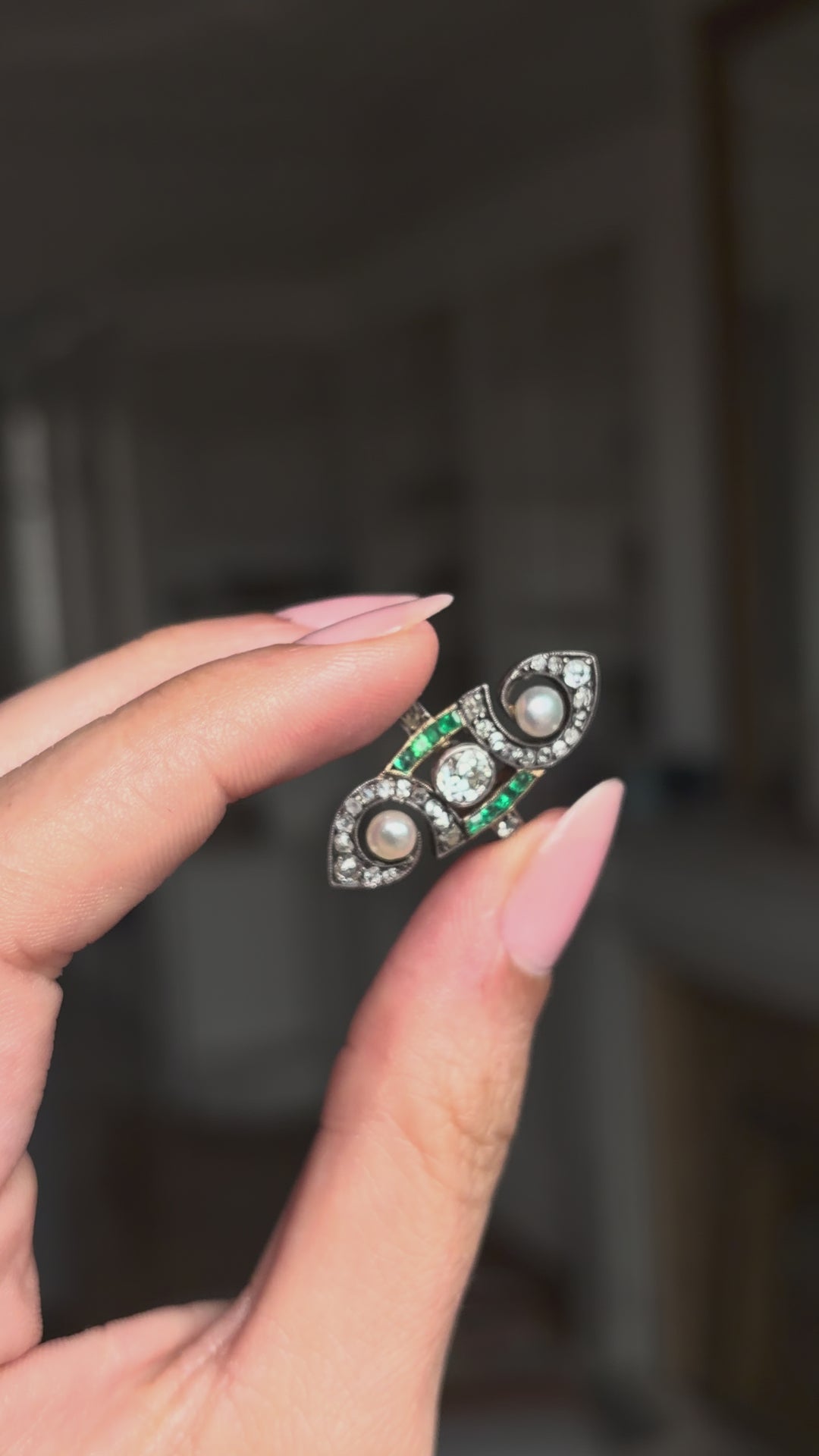 French Art Nouveau Diamond, Emerald & Grey Pearl Ring