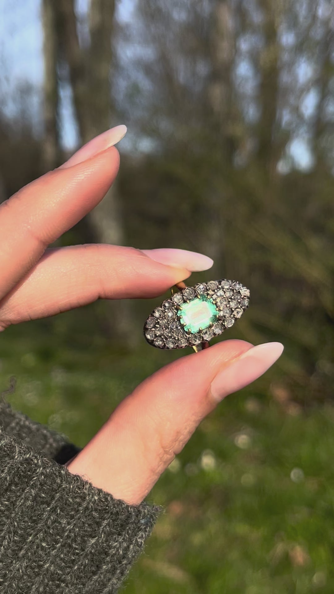 Napoleon III Emerald 1.95ct & Rose Cut Diamond Navette Ring