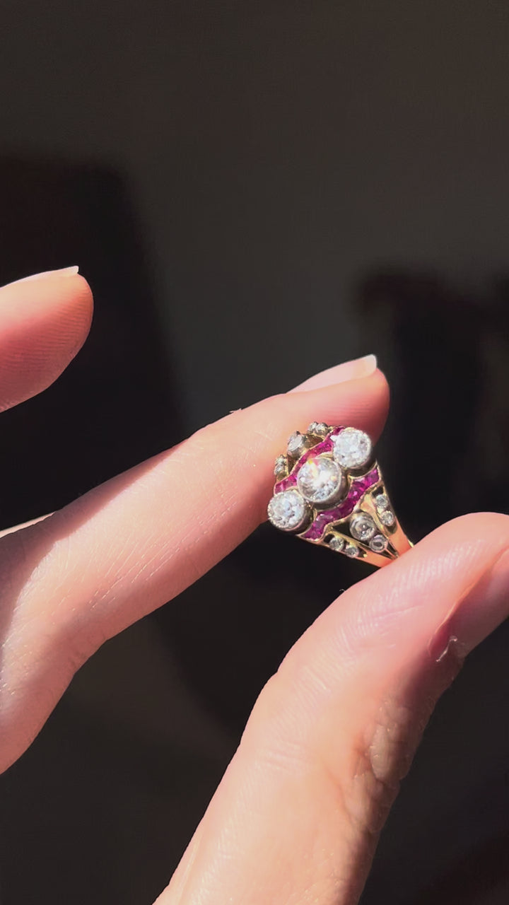 Natural Ruby & Diamond Triple OEC Ring | .44ctw Diamonds .30ctw Rubies | 18ct & Platinum | Belle Époque
