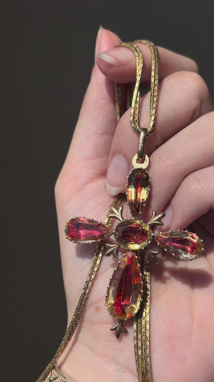 French Romantic Period Provençal Citrine Cross Pendant | 32.34ctw Foiled Citrines | 18ct Gold | c.1839–1855