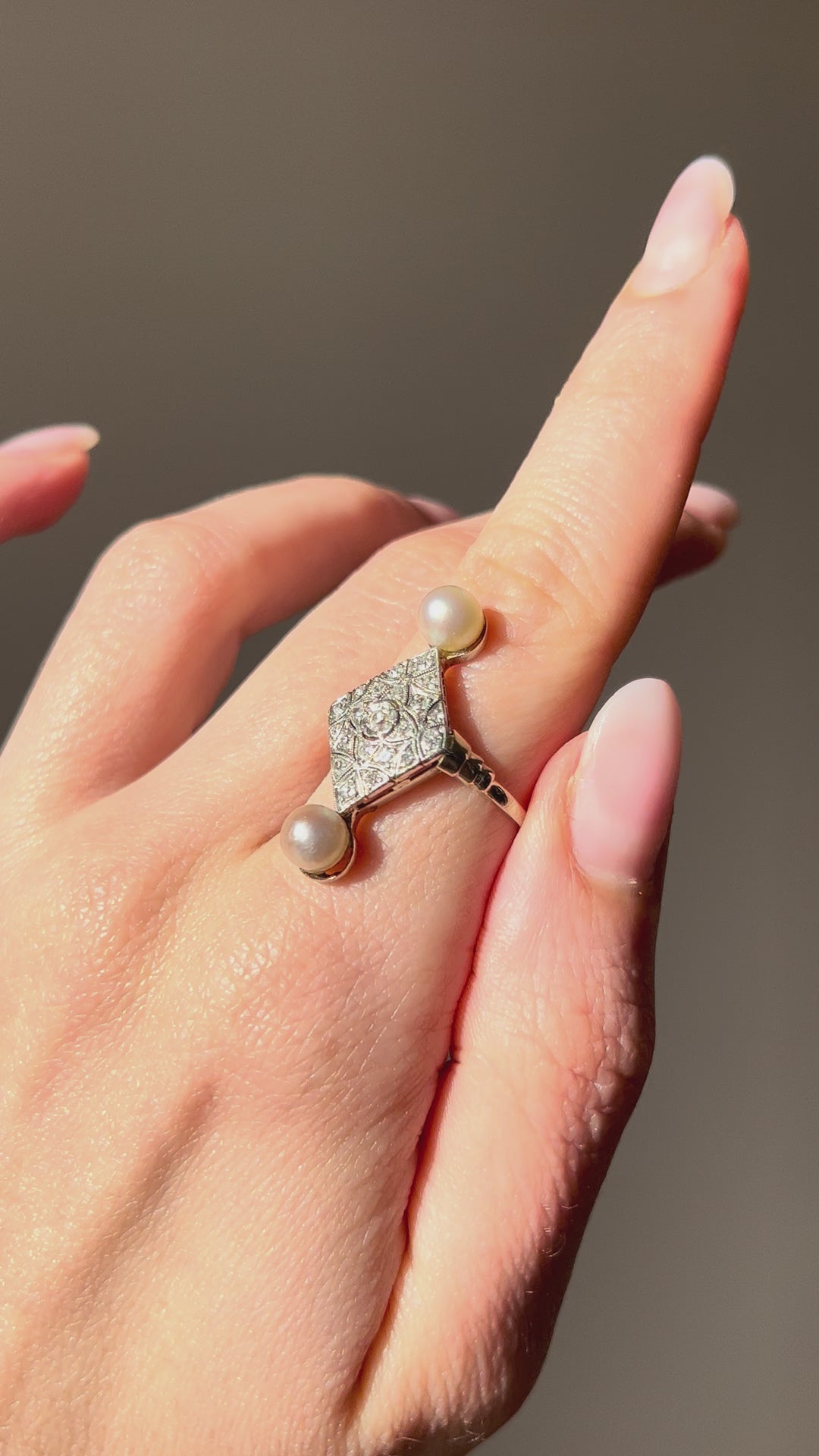 French 18ct and Diamond Deco Double Pearl RIng