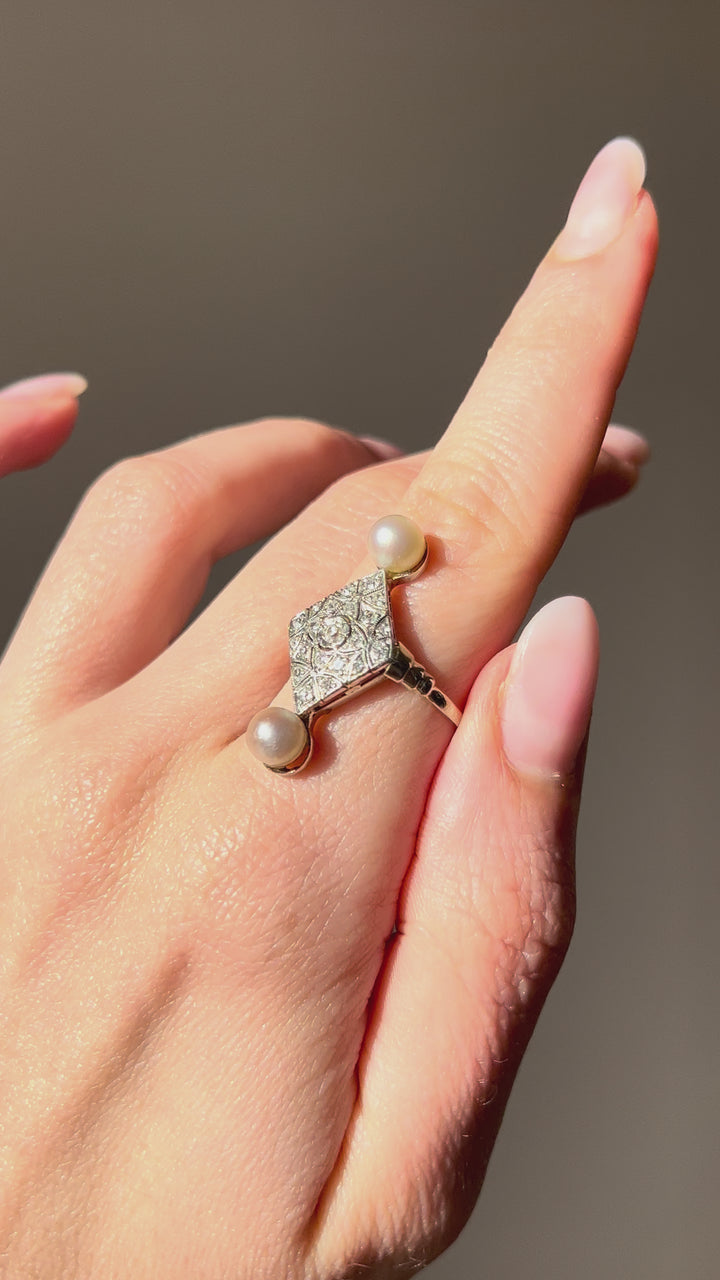 French 18ct and Diamond Deco Double Pearl RIng