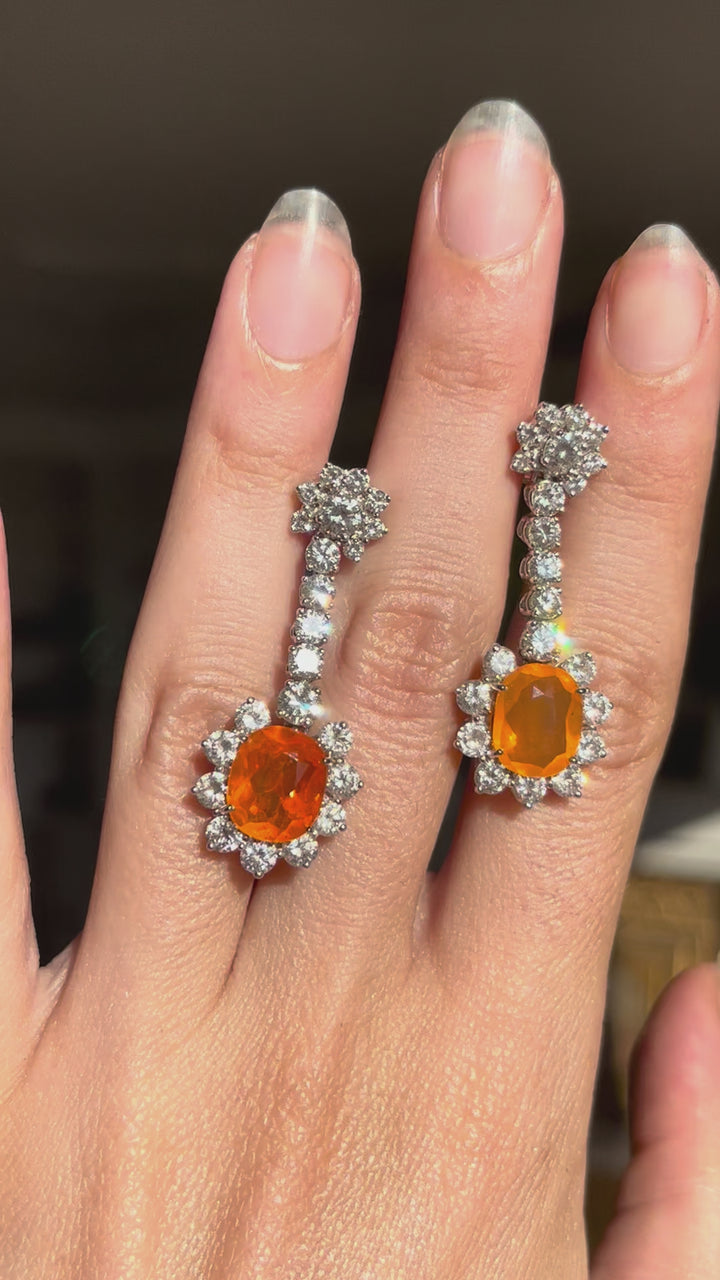 Fire Opal & Diamond Drop Earrings | 5.10ct Opals 4.30ct Diamonds | 18ct Gold | ALPA Backs | c.1980s