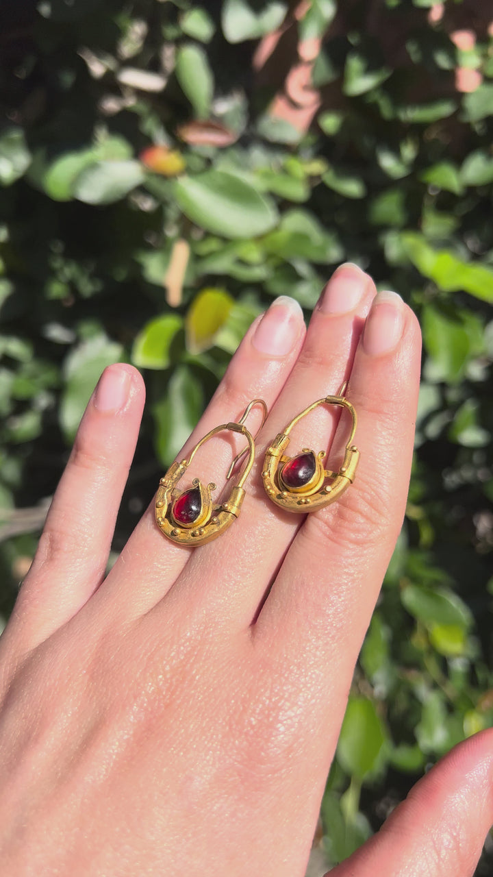 Rare Pair of Ancient Greek Earrings Set with Garnets