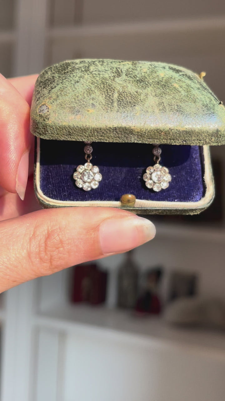 English Dormeuse Diamond Daisy Earrings | .88ctw OEC | 15ct Pink Gold & Sterling | c.1890 | Mint in Box