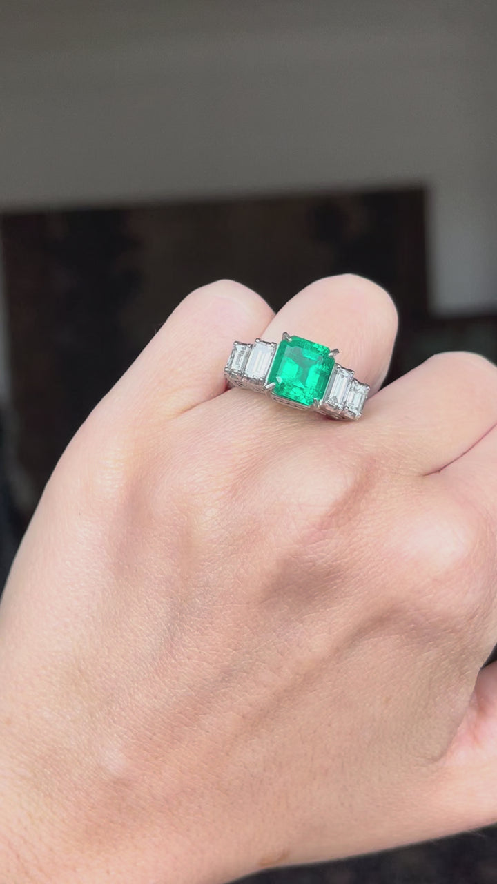 Platinum Emerald & Step Cut Diamond Ring | 4.21ctw | Solid Platinum PT900 | Vintage c.1980s