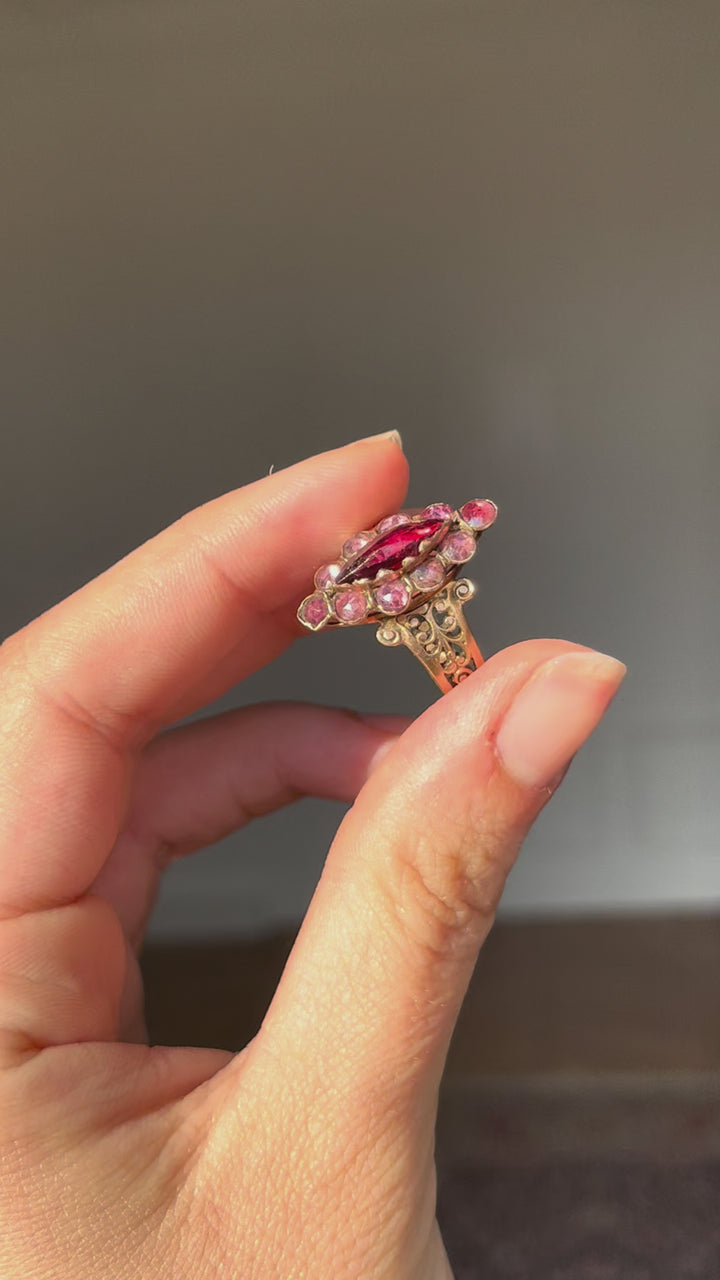 Perpignan Garnet Navette Ring | Deep Red & Soft Pink Garnets | 18ct Gold | French Napoleon III c.1860