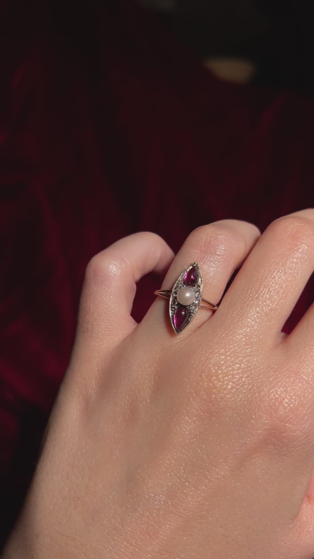 French antique ring with amethyst cabochon, pearls, and diamonds in elegant vintage setting