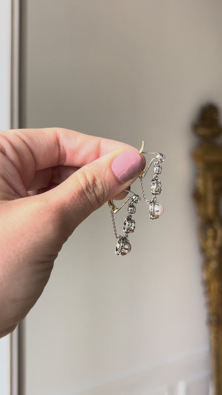 French Platinum & 18ct Gold Pearl & Diamond Drop Earrings | 1.5ctw OEC | c.1910