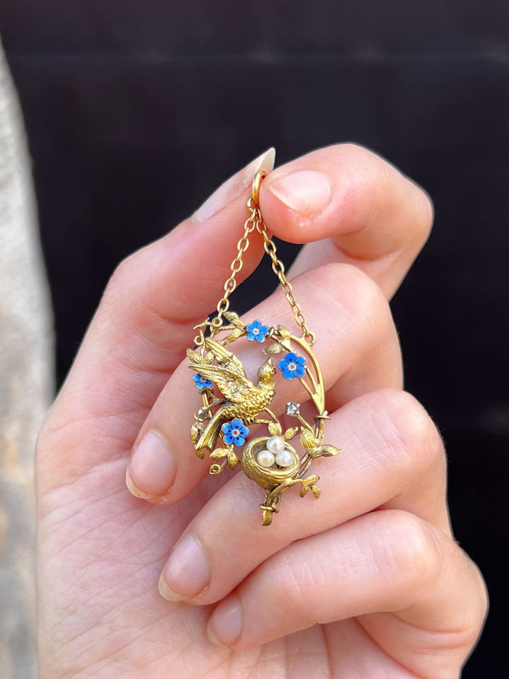 Outstanding Pre-Victorian 15k Sparrow with Her Nest Pendant- Circa 1840