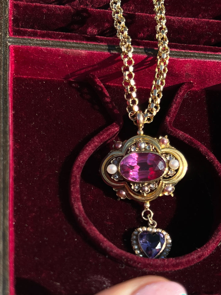 JUST PENDANT Pink Paste, Amethyst, Diamond and Pearl Lavaliere Necklace