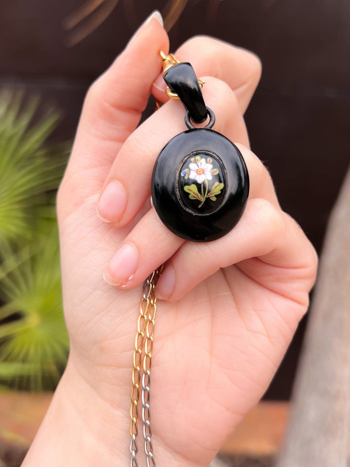 Extremely Rare Whitby Jet Pendant with Enamel Daffodil Plaque