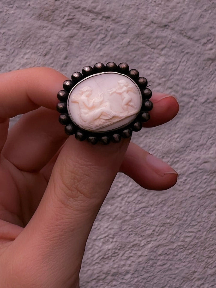 Sterling Set Psyche With Drum and Cupid White Coral Cameo