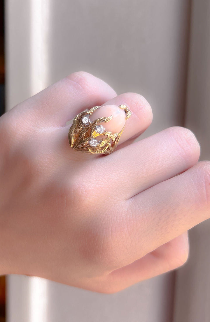 14k Coral and Diamond Dragon Egg Ring - Circa 1970